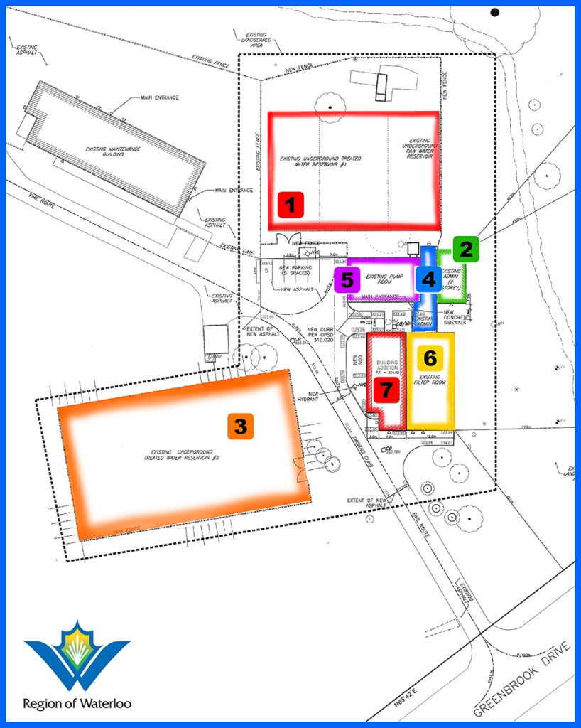 Drawing of the Greenbrook Water Treatment Plant and reservoirs with timelines when sections were built.