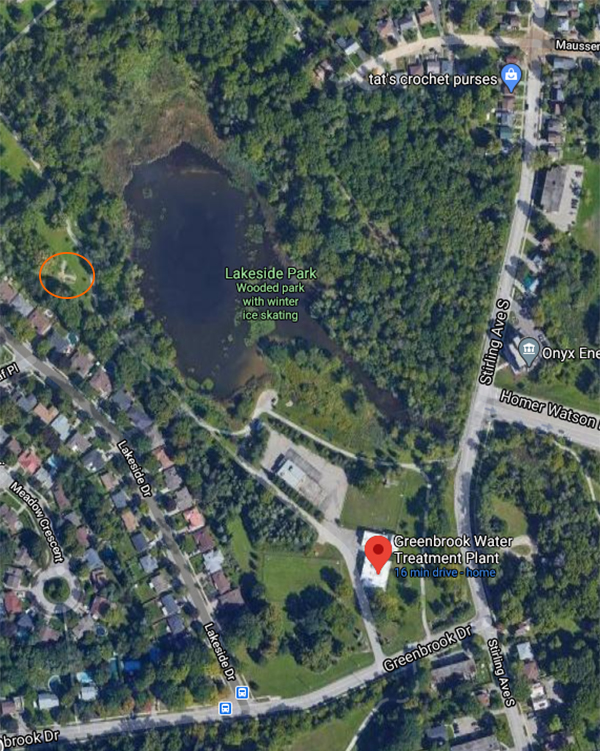 Google map of 20 Greenbrook Drive in Kitchener showing Lakeside Park.